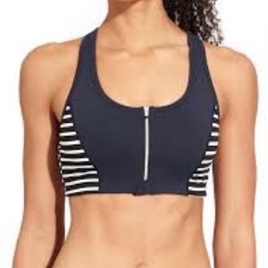 Athleta Stripe Half Moon sports bra Front Zip High Impact Navy Blue White Small